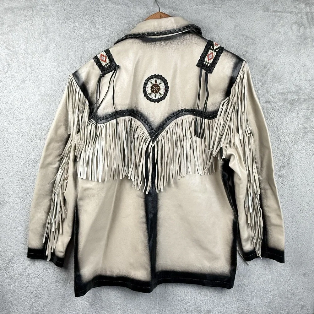 3B West By Tansmith Leather Jacket Size XL Gray Fringe Western Cowboy Aztec - Picture 3 of 15